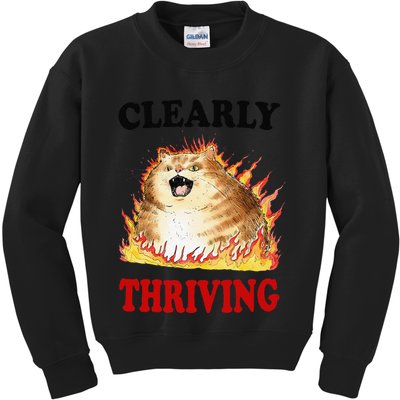 Clearly Thriving Funny Fire Cat Meme Cat Lover Cat Mom Kids Sweatshirt