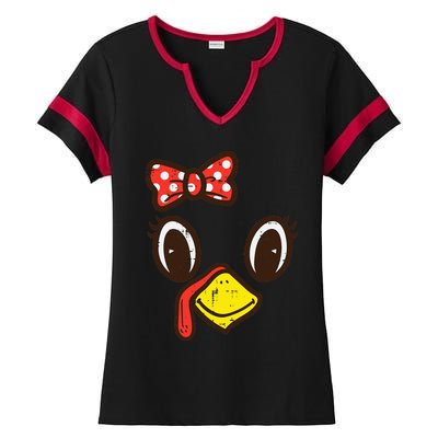 Cute Turkey Face Ribbon Thanksgiving Ladies Halftime Notch Neck Tee