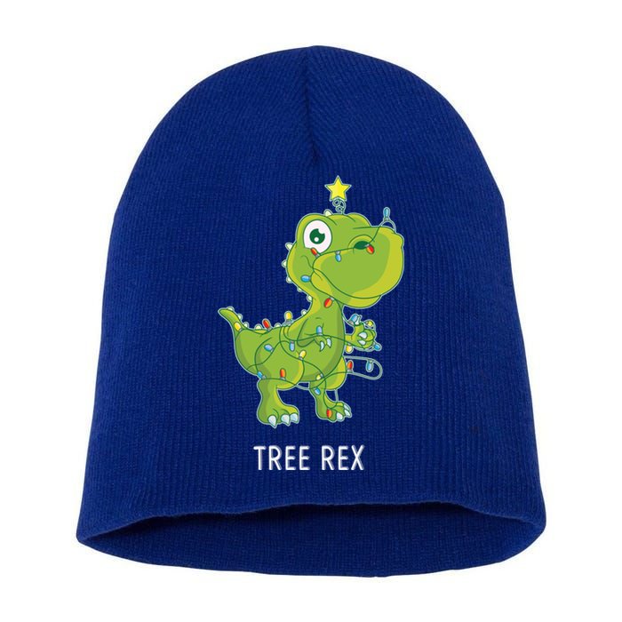 Christmas Tree Fir Tree Dino In Fairy Lights Tree Rex Funny Gift Short Acrylic Beanie