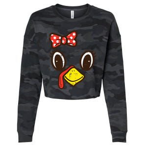 Cute Turkey Face Ribbon Thanksgiving Cropped Pullover Crew