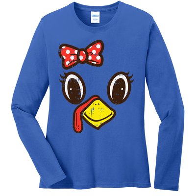 Cute Turkey Face Ribbon Thanksgiving Ladies Long Sleeve Shirt