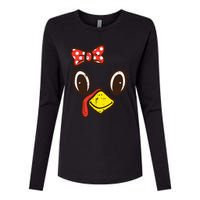 Cute Turkey Face Ribbon Thanksgiving Womens Cotton Relaxed Long Sleeve T-Shirt