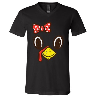 Cute Turkey Face Ribbon Thanksgiving V-Neck T-Shirt