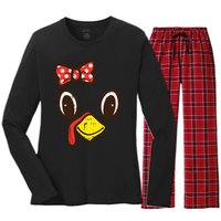 Cute Turkey Face Ribbon Thanksgiving Women's Long Sleeve Flannel Pajama Set 