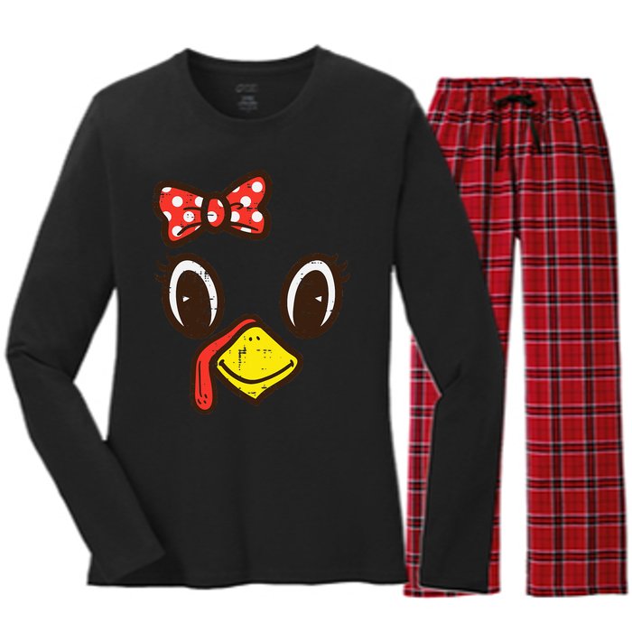 Cute Turkey Face Ribbon Thanksgiving Women's Long Sleeve Flannel Pajama Set 