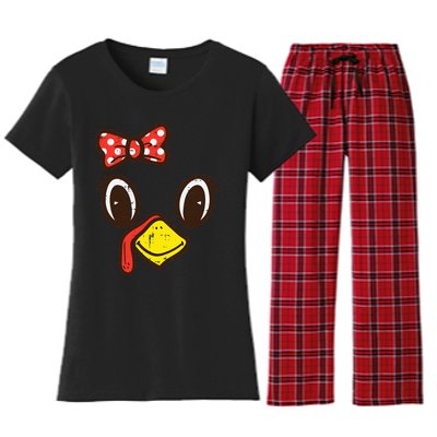 Cute Turkey Face Ribbon Thanksgiving Women's Flannel Pajama Set