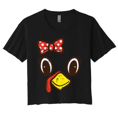 Cute Turkey Face Ribbon Thanksgiving Women's Crop Top Tee