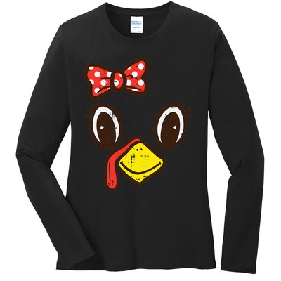 Cute Turkey Face Ribbon Thanksgiving Ladies Long Sleeve Shirt