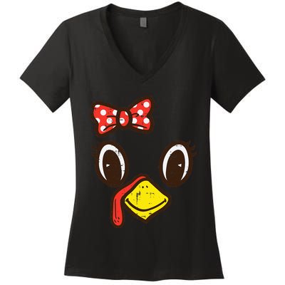 Cute Turkey Face Ribbon Thanksgiving Women's V-Neck T-Shirt