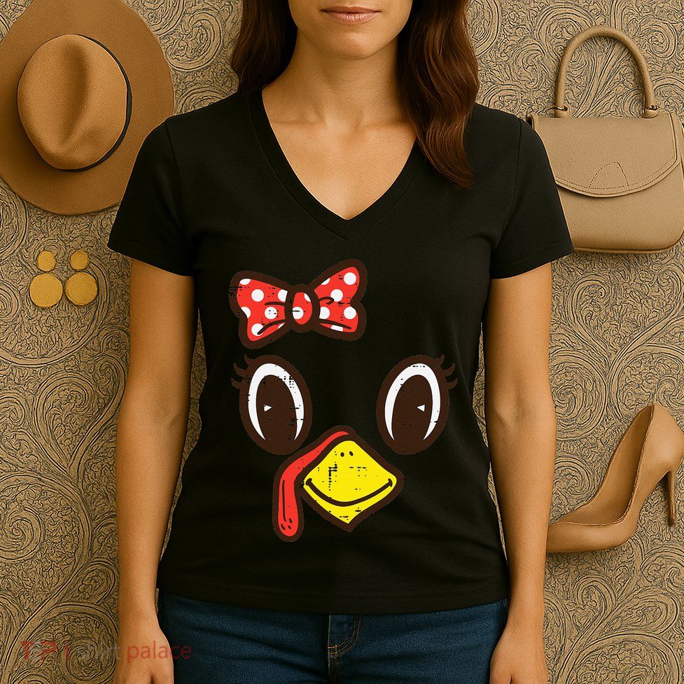 Cute Turkey Face Ribbon Thanksgiving Women's V-Neck T-Shirt