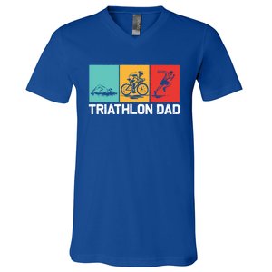 Cool Triathlon For Dad Father Swimming Running Swim Bike Run Gift V-Neck T-Shirt