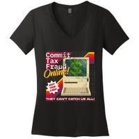Commit Tax Fraud Online! Distressed Retro Video Game Box Art Women's V-Neck T-Shirt