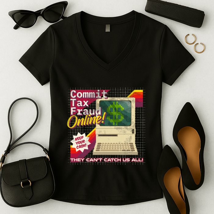 Commit Tax Fraud Online! Distressed Retro Video Game Box Art Women's V-Neck T-Shirt