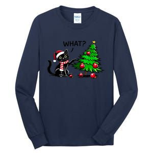 Christmas Tree Funny Black Cat Pushing Over Cat What Xmas Gift Tall Long Sleeve T-Shirt