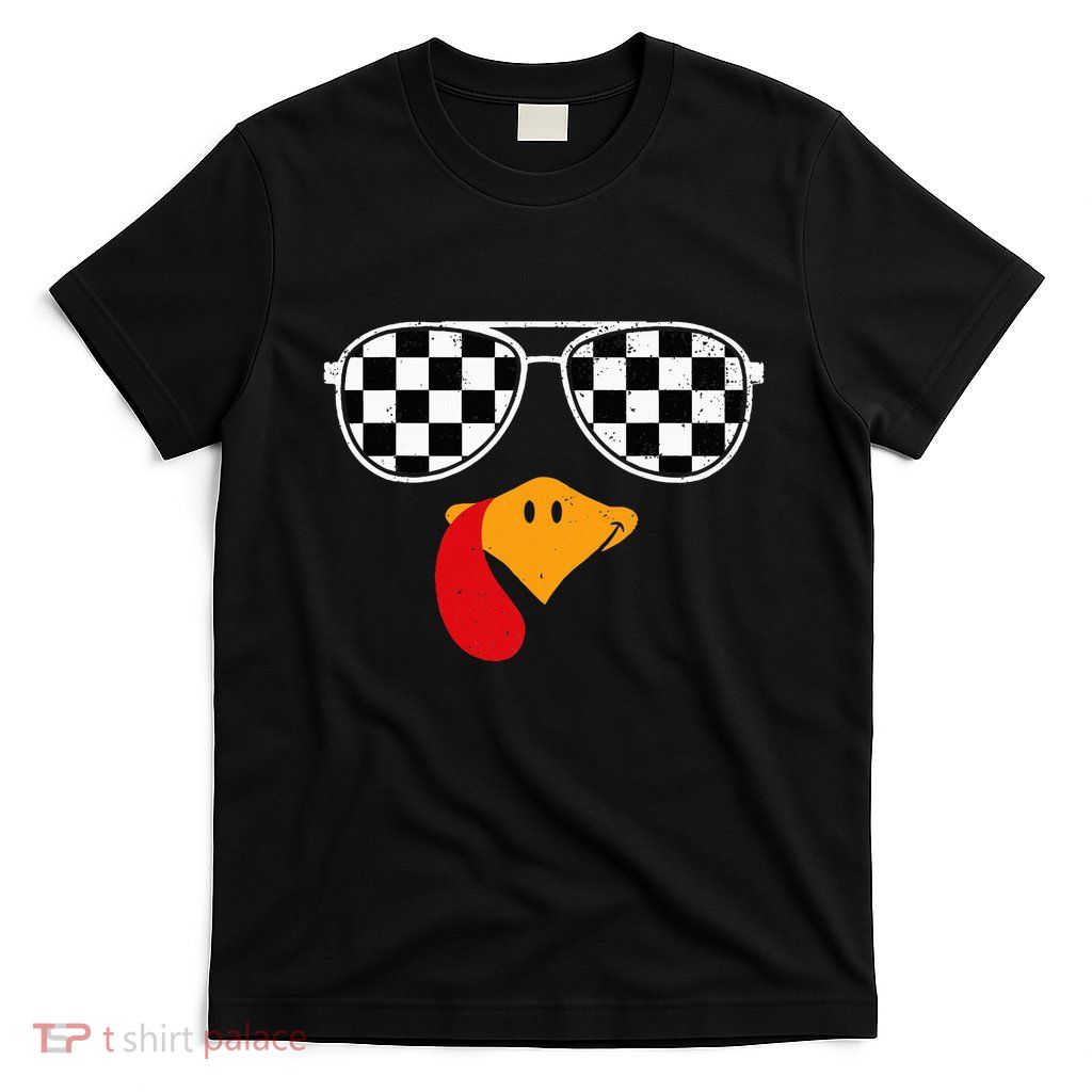 Checkered Turkey Funny Retro Thanksgiving Race Car Flag T-Shirt