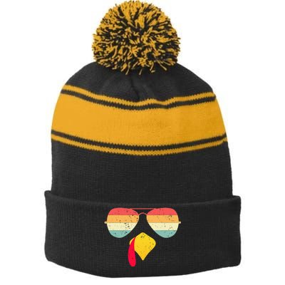 Cool Turkey Face With Sunglasses Funny Thanksgiving Stripe Pom Pom Beanie