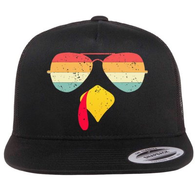 Cool Turkey Face With Sunglasses Funny Thanksgiving Flat Bill Trucker Hat