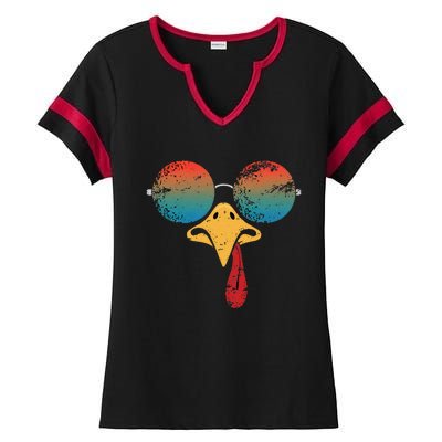 Cool Turkey Face Graphic Sunglasses Thanksgiving Ladies Halftime Notch Neck Tee