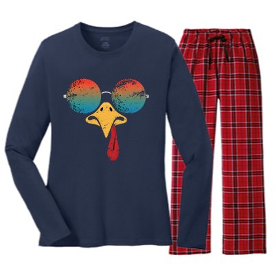 Cool Turkey Face Graphic Sunglasses Thanksgiving Women's Long Sleeve Flannel Pajama Set 