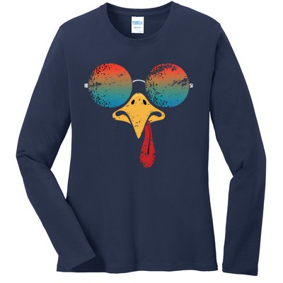 Cool Turkey Face Graphic Sunglasses Thanksgiving Ladies Long Sleeve Shirt