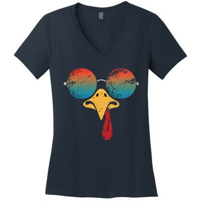 Cool Turkey Face Graphic Sunglasses Thanksgiving Women's V-Neck T-Shirt