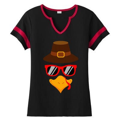 Cute Turkey Face Glasses Thanksgiving Ladies Halftime Notch Neck Tee