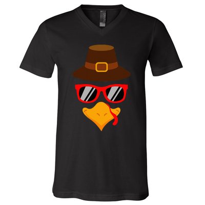 Cute Turkey Face Glasses Thanksgiving V-Neck T-Shirt