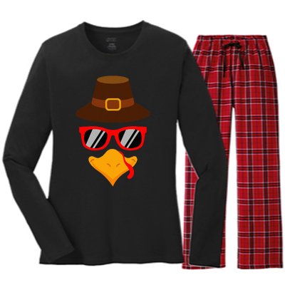 Cute Turkey Face Glasses Thanksgiving Women's Long Sleeve Flannel Pajama Set 