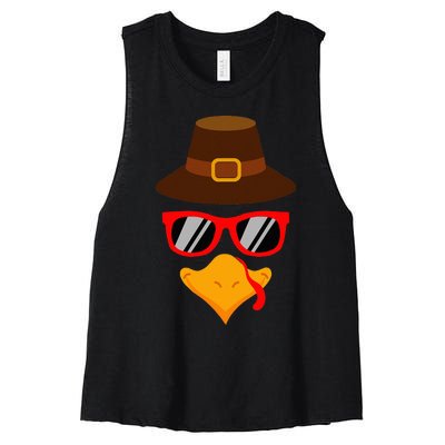 Cute Turkey Face Glasses Thanksgiving Women's Racerback Cropped Tank