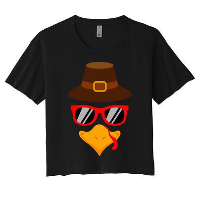 Cute Turkey Face Glasses Thanksgiving Women's Crop Top Tee