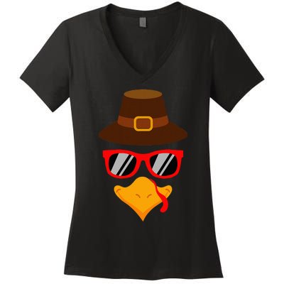 Cute Turkey Face Glasses Thanksgiving Women's V-Neck T-Shirt