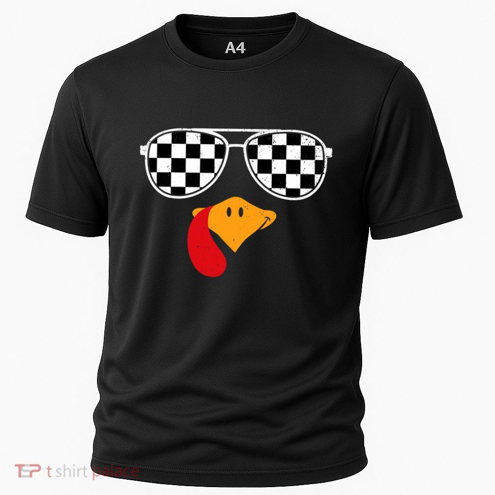 Checkered Turkey Funny Retro Thanksgiving Race Car Flag Cooling Performance Crew T-Shirt
