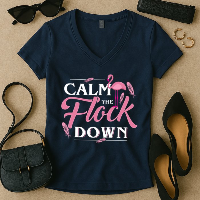 Calm The Flock Down Funny Pink Flamingo Bird Lovers Summer Women's V-Neck T-Shirt