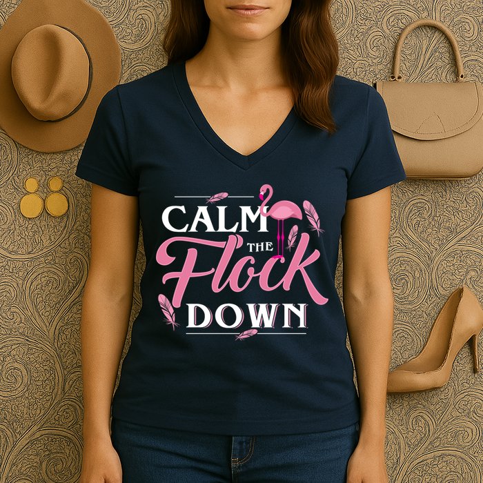 Calm The Flock Down Funny Pink Flamingo Bird Lovers Summer Women's V-Neck T-Shirt