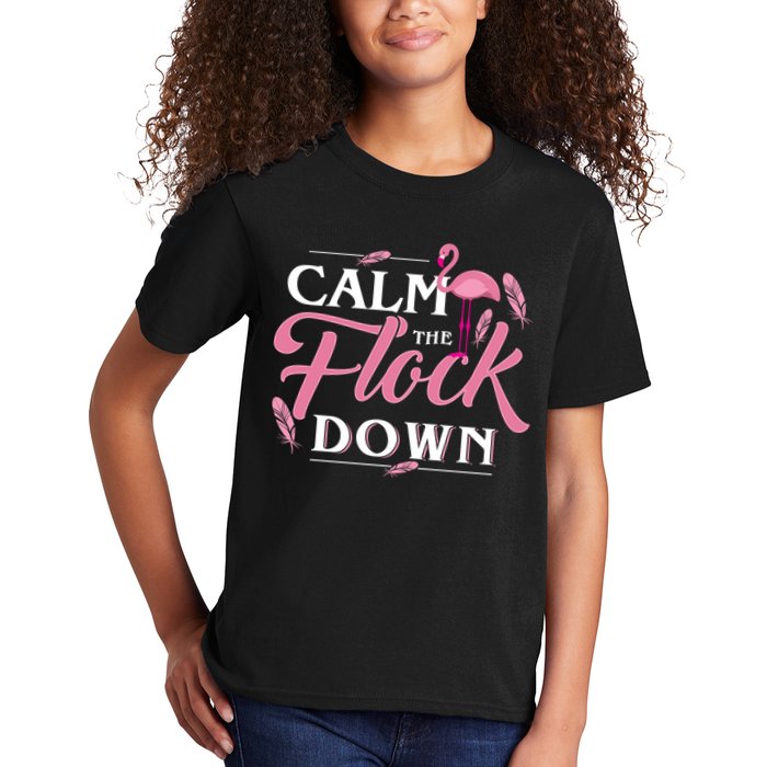 Calm The Flock Down Funny Pink Flamingo Bird Lovers Summer Kids T-Shirt