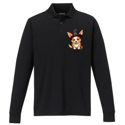 Cute Thanksgiving Fall Witches Hat Pilgrim Halloween Corgi Gift Performance Long Sleeve Polo