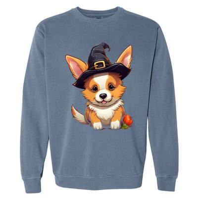 Cute Thanksgiving Fall Witches Hat Pilgrim Halloween Corgi Gift Garment-Dyed Sweatshirt