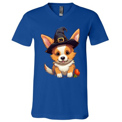 Cute Thanksgiving Fall Witches Hat Pilgrim Halloween Corgi Gift V-Neck T-Shirt