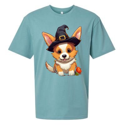 Cute Thanksgiving Fall Witches Hat Pilgrim Halloween Corgi Gift Sueded Cloud Jersey T-Shirt