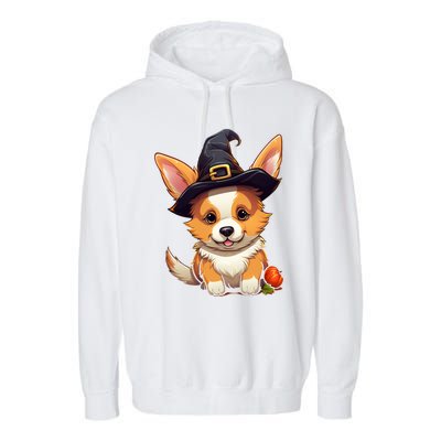 Cute Thanksgiving Fall Witches Hat Pilgrim Halloween Corgi Gift Garment-Dyed Fleece Hoodie