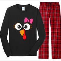 Cool Turkey Face Pink Bow For Funny Thanksgiving Long Sleeve Pajama Set