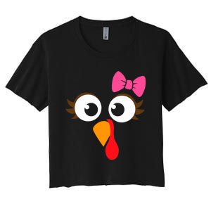 Cool Turkey Face Pink Bow For Funny Thanksgiving Women's Crop Top Tee