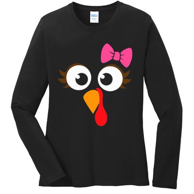 Cool Turkey Face Pink Bow For Funny Thanksgiving Ladies Long Sleeve Shirt