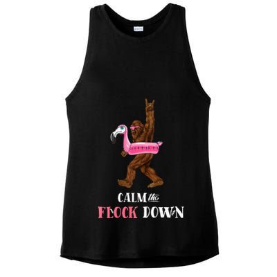 Calm The Flock Down Funny Pool Party Bigfoot Flamingo Ladies PosiCharge Tri-Blend Wicking Tank