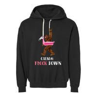 Calm The Flock Down Funny Pool Party Bigfoot Flamingo Garment-Dyed Fleece Hoodie