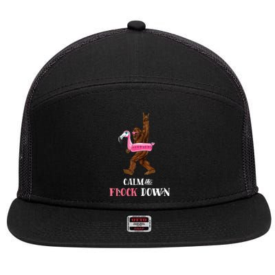 Calm The Flock Down Funny Pool Party Bigfoot Flamingo 7 Panel Mesh Trucker Snapback Hat