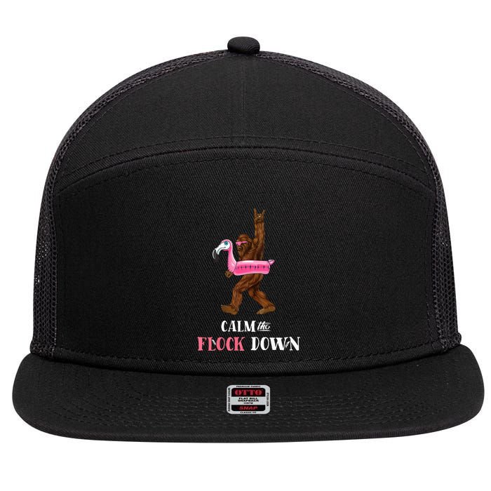Calm The Flock Down Funny Pool Party Bigfoot Flamingo 7 Panel Mesh Trucker Snapback Hat