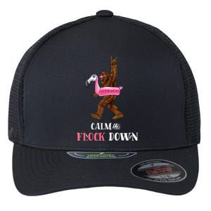 Calm The Flock Down Funny Pool Party Bigfoot Flamingo Flexfit Unipanel Trucker Cap