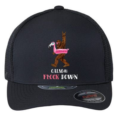 Calm The Flock Down Funny Pool Party Bigfoot Flamingo Flexfit Unipanel Trucker Cap