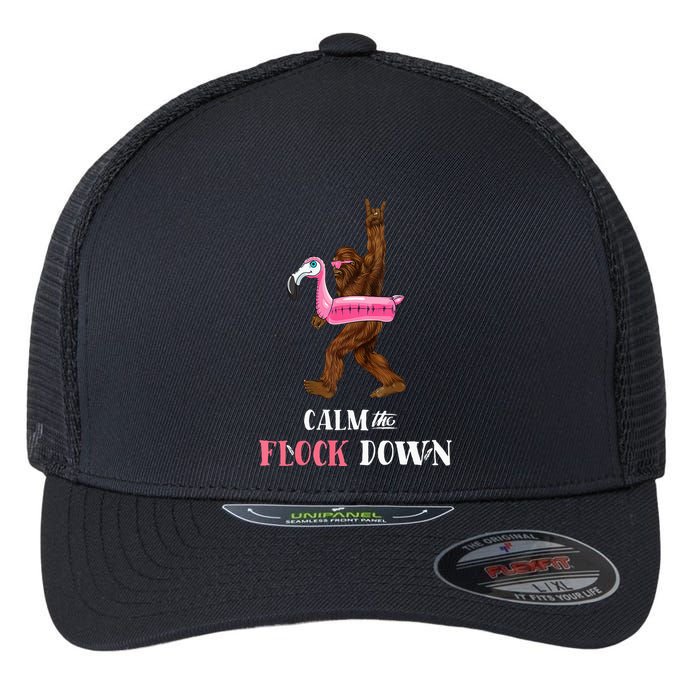 Calm The Flock Down Funny Pool Party Bigfoot Flamingo Flexfit Unipanel Trucker Cap